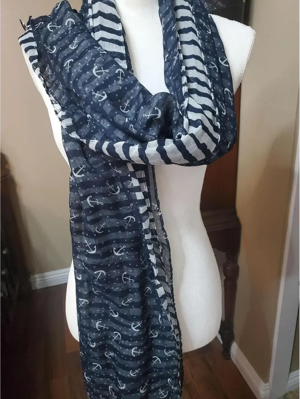 Wrapables Navy Blue and White Anchor Pattern Lightweight Scarf